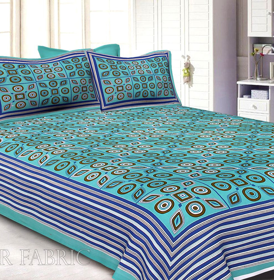 Blue Border Blue Base Multi Shape Pattern Screen Print Cotton Double Bed Sheet