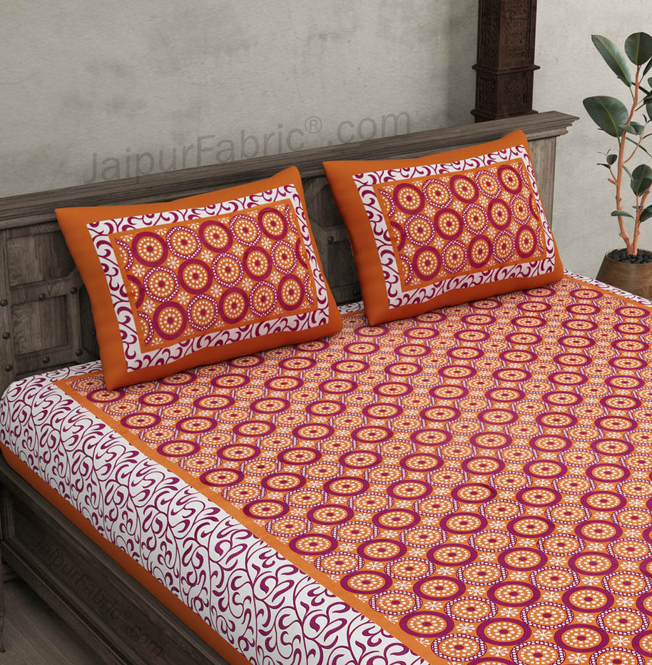 Brown Border White Base Circle Pattern Screen Print Cotton Double Bed Sheet