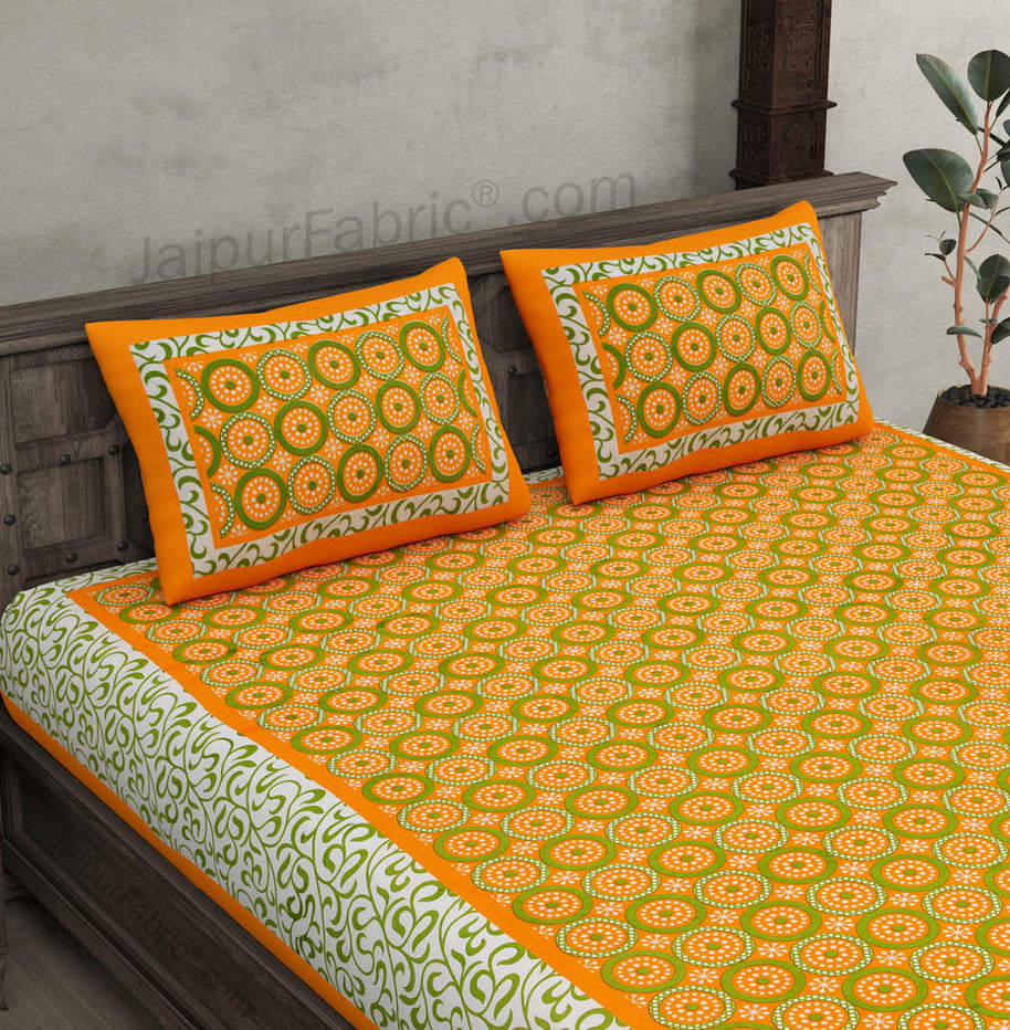 Yellow Border White Base Circle Pattern Screen Print Cotton Double Bed Sheet