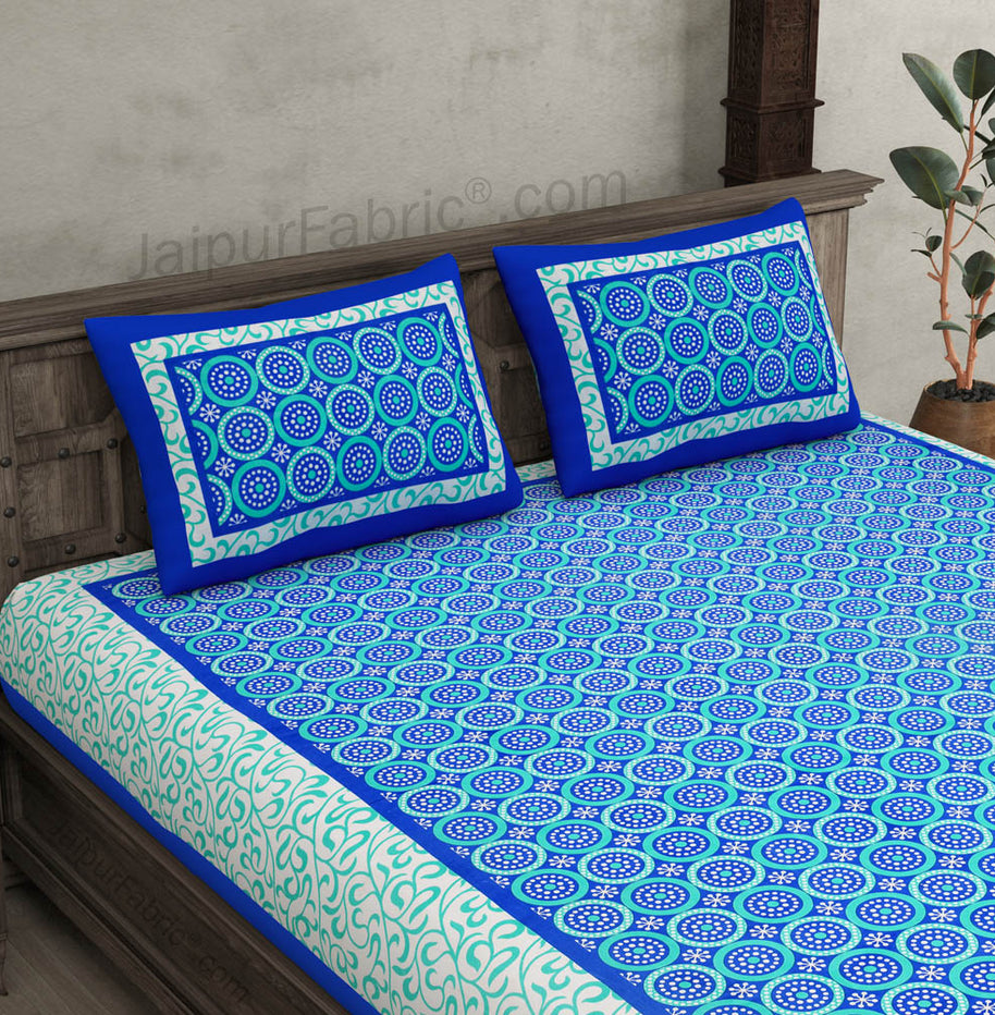 Navy Blue Border White Base Circle Pattern Screen Print Cotton Double Bed Sheet