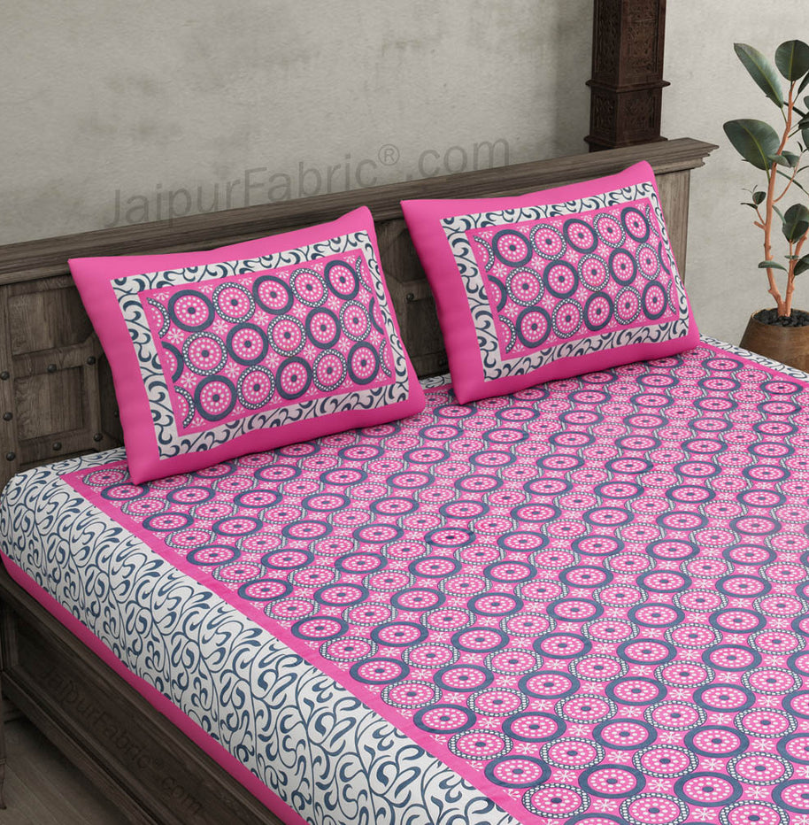 Pink Border White Base Circle Pattern Screen Print Cotton Double Bed Sheet