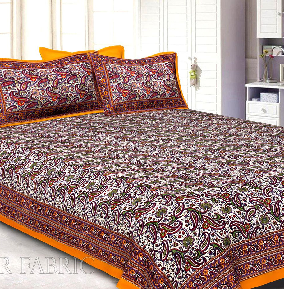 Dark Orange Border Floral Pattern Screen Print Cotton Double Bed Sheet