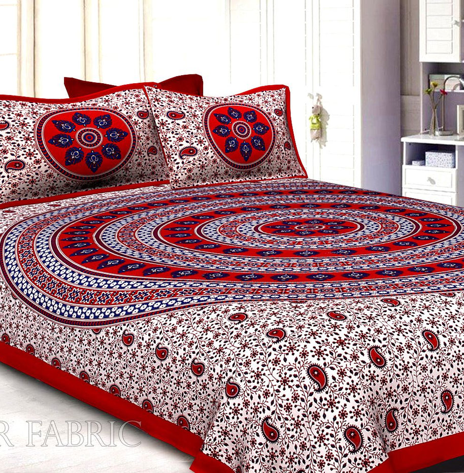 Maroon Border White Base Paan Pattern Screen Print Cotton Double Bed Sheet