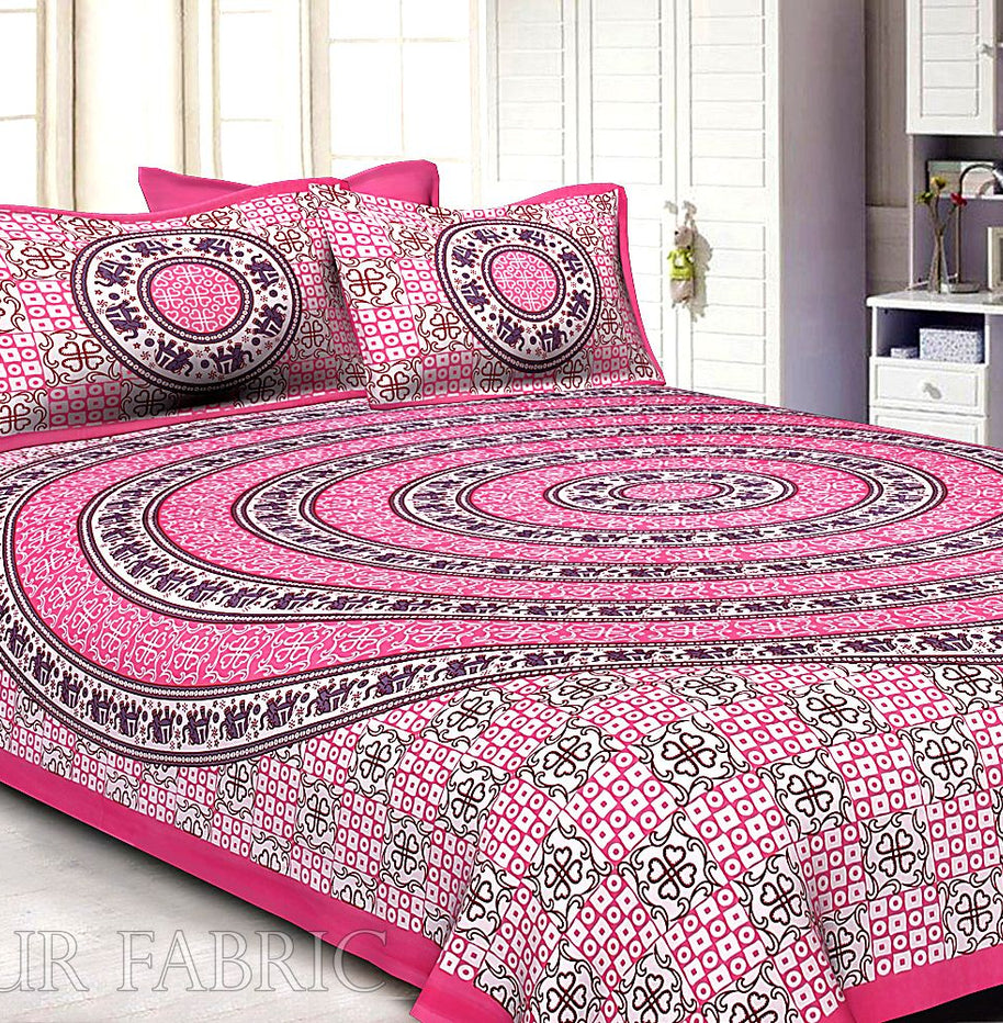 Hot Pink Border Circle Elephant Pattern Screen Print Cotton Double Bed Sheet