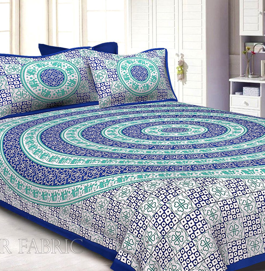 Navy Blue Border Circle Elephant Pattern Screen Print Cotton Double Bed Sheet