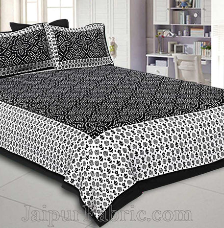 Black  Border White Base Bandhej Pattern Screen Print Cotton Double Bed Sheet