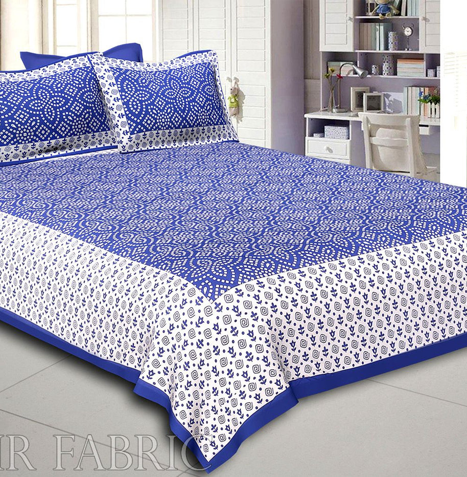 Blue Border White Base Bandhej Pattern Screen Print Cotton Double Bed Sheet