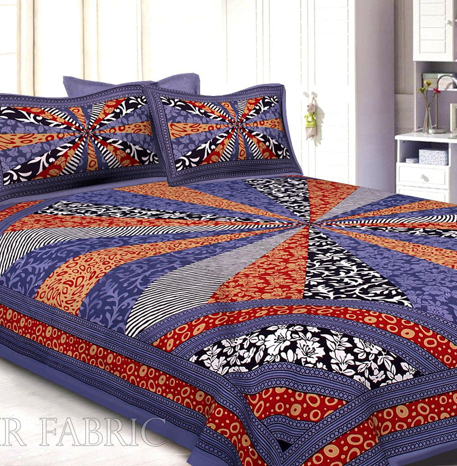 Indigo Border Multi Pattern Screen Print Cotton Double Bed Sheet