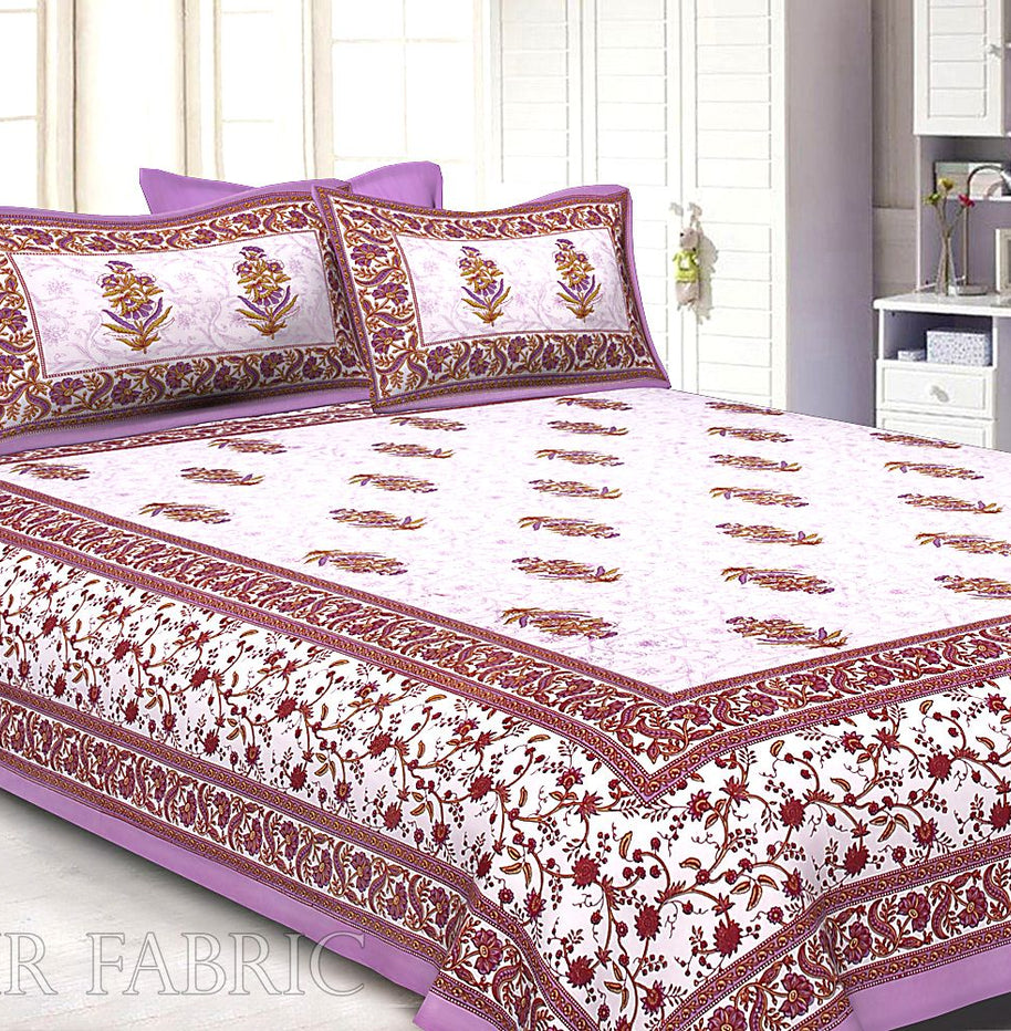 Purple  Border White Base Flower & Leaf Pattern Screen Print Cotton Double Bed Sheet