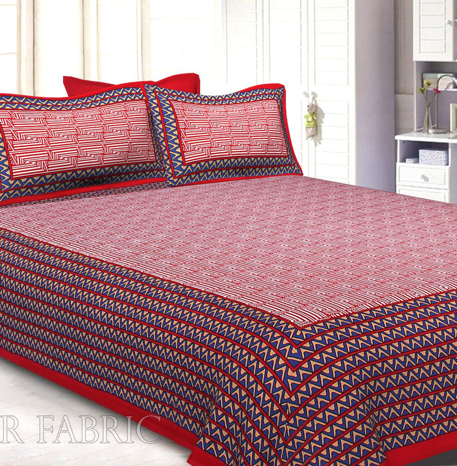 Maroon Border Zig Zag  Pattern Screen Print Cotton Double Bed Sheet