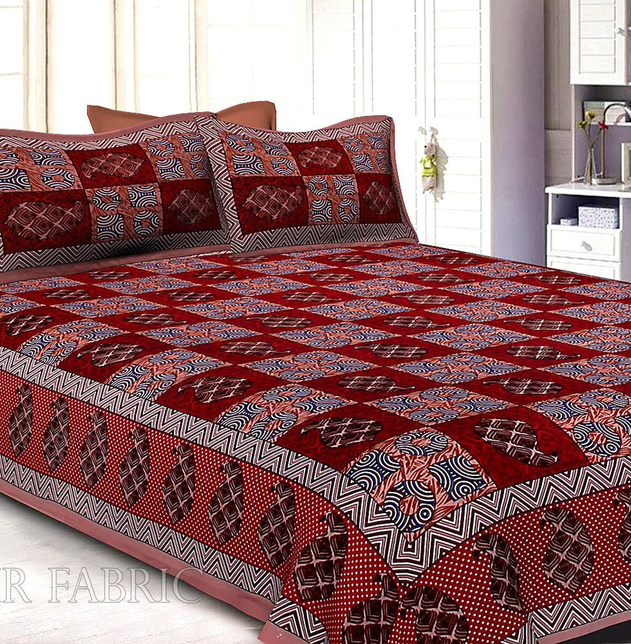 Rosy Brown Border Circle Pattern Screen Print Cotton Double Bed Sheet