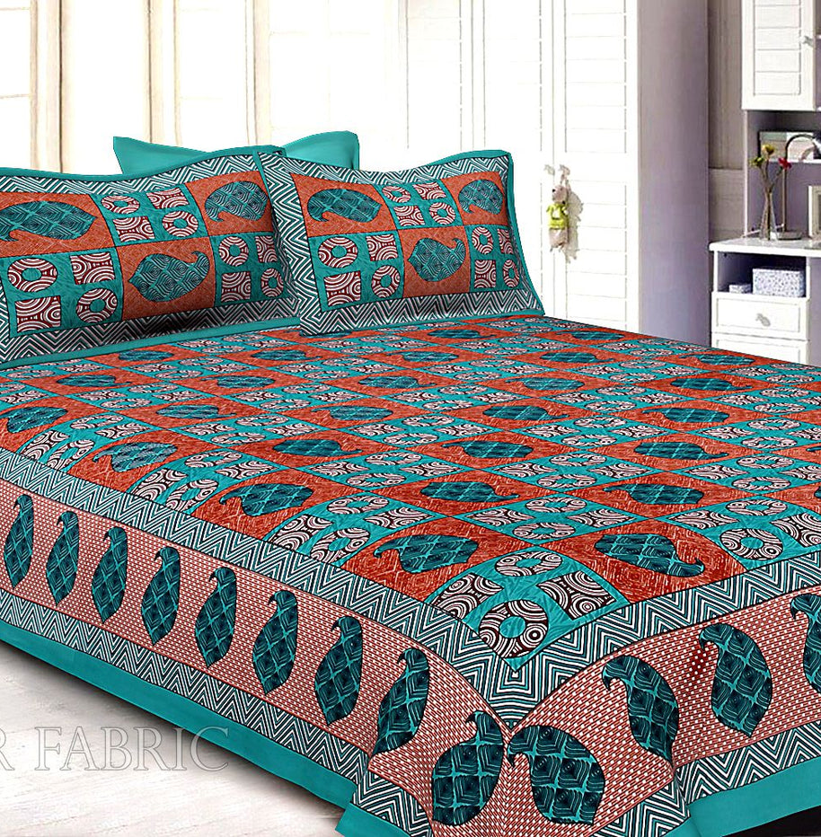 Turquoise Border Circle Pattern Screen Print Cotton Double Bed Sheet