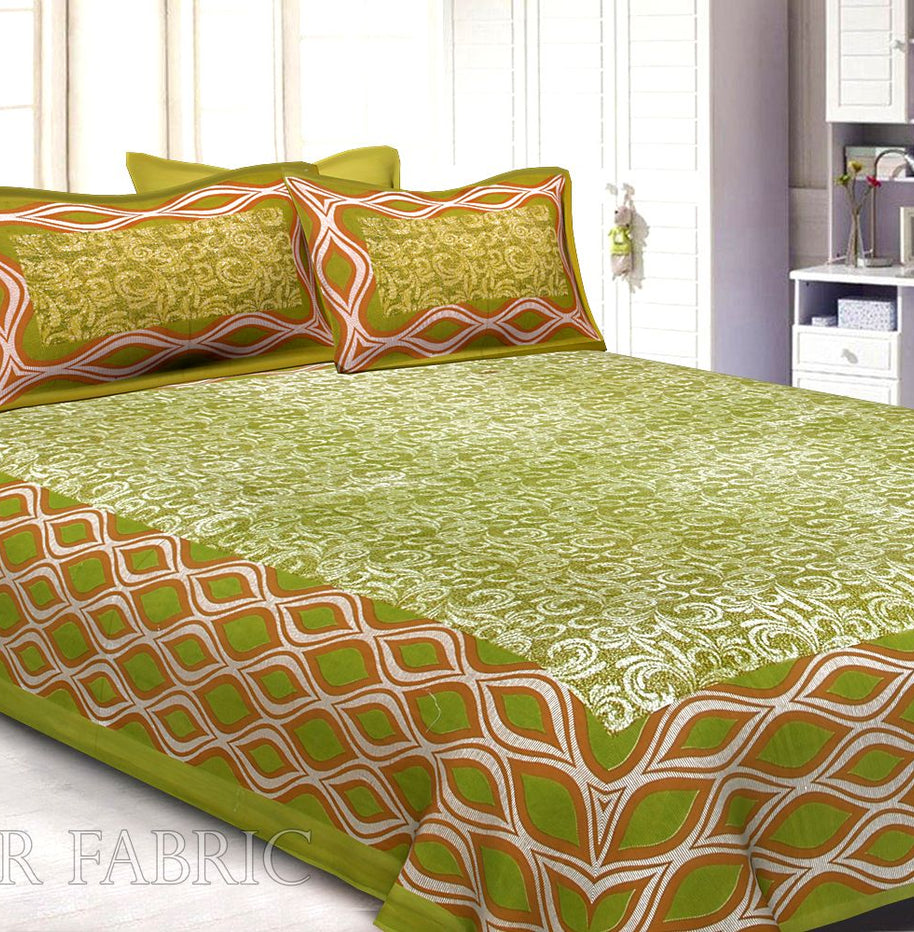 Green Border Retro Pattern Screen Print Cotton Double Bed Sheet