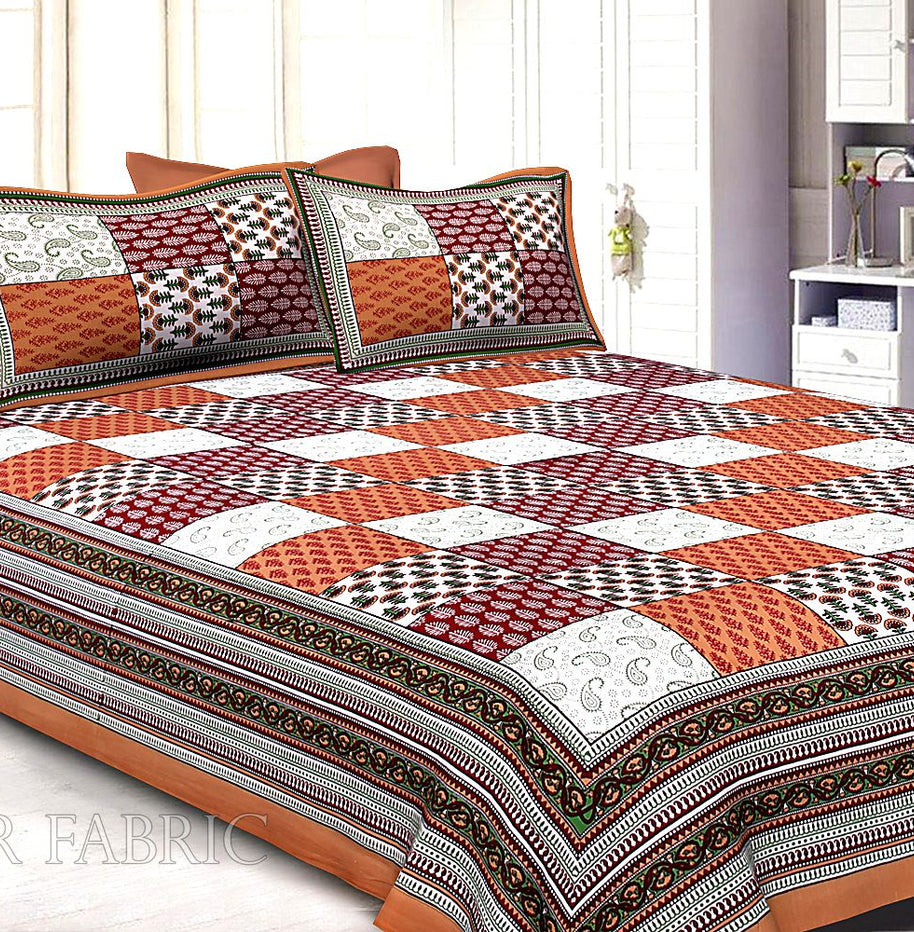 Brown Border Square Pattern Screen Print Cotton Double Bed Sheet