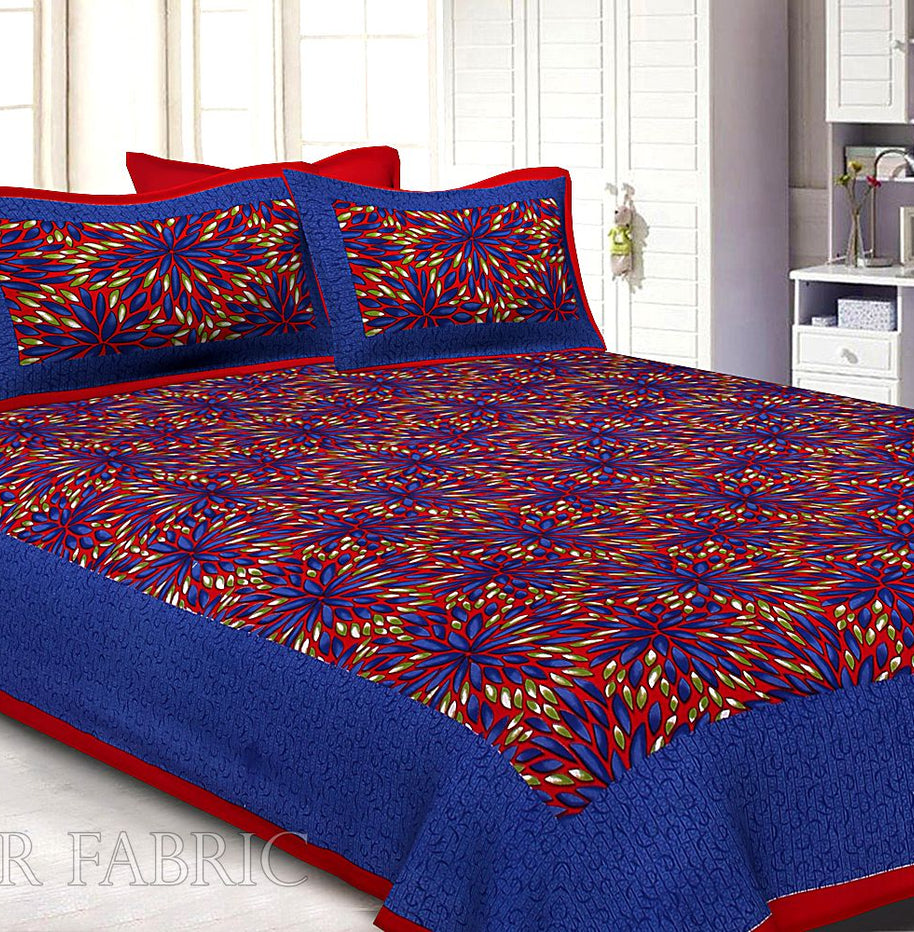 Maroon Border Blue Base Leaf Pattern Screen Print Cotton Double Bed Sheet