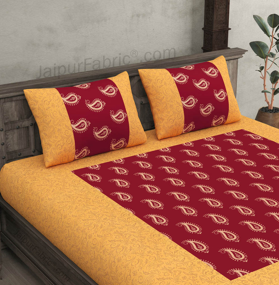 Patola Gold Royal Maroon Paisley Festive Cotton BedSheet