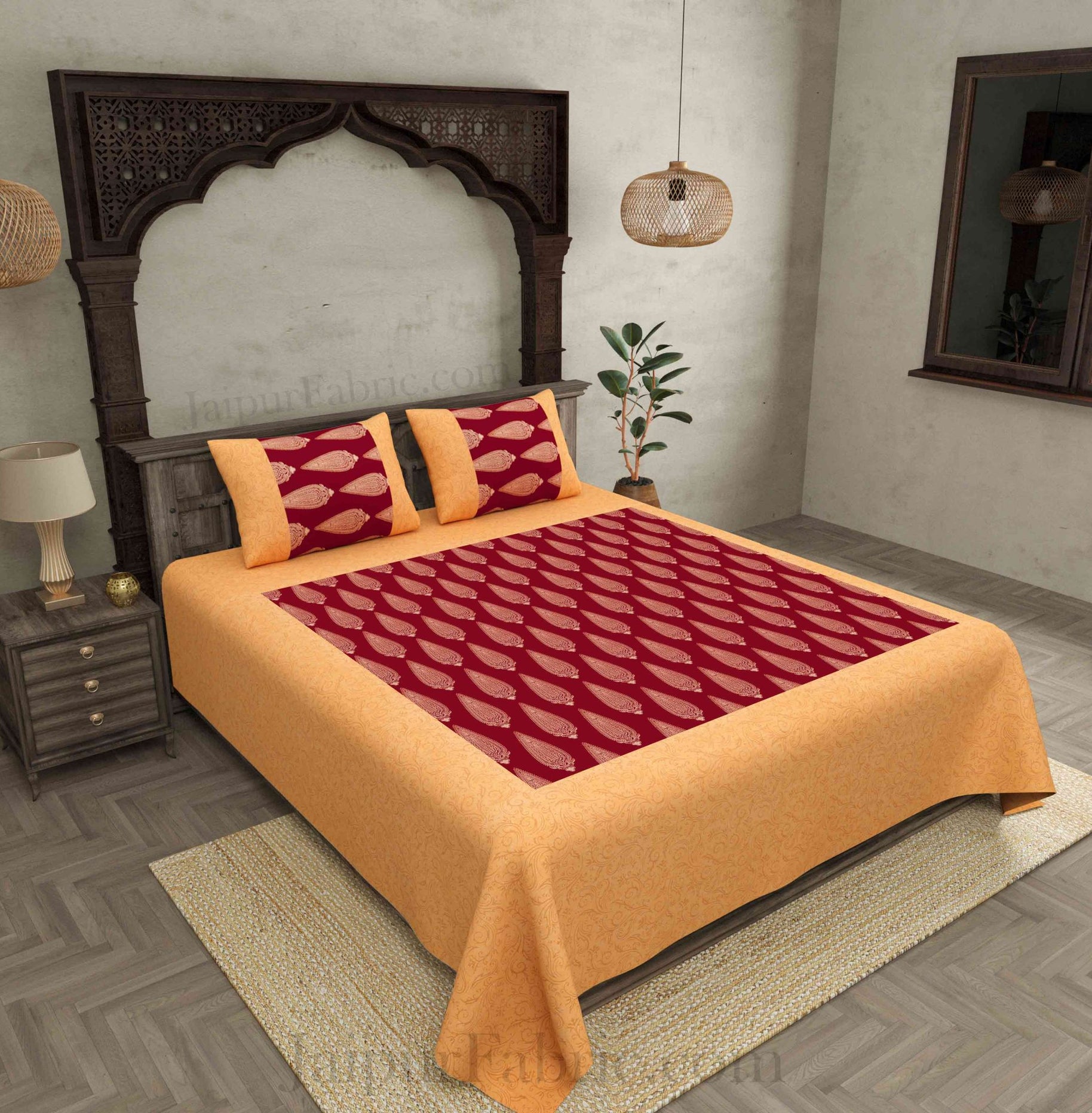 Patola BedSheet in Royal Maroon Base Cream Border Gold Print Kerry Pattern Super Fine Cotton with 2 pillow covers