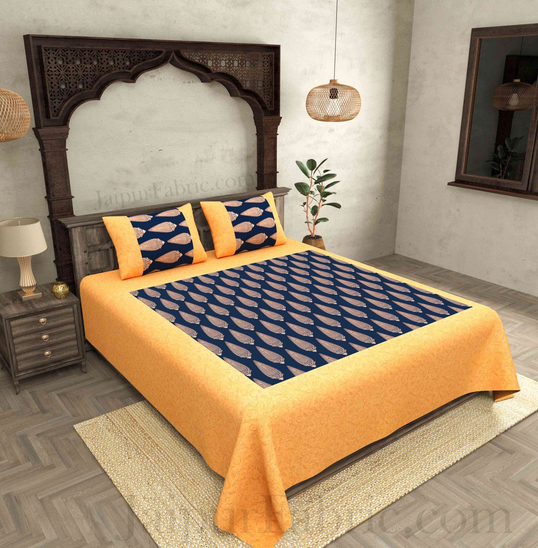 Patola BedSheet in Navy Blue Base Cream Border Gold Print Kerry Pattern Super Fine Cotton with 2 pillow covers