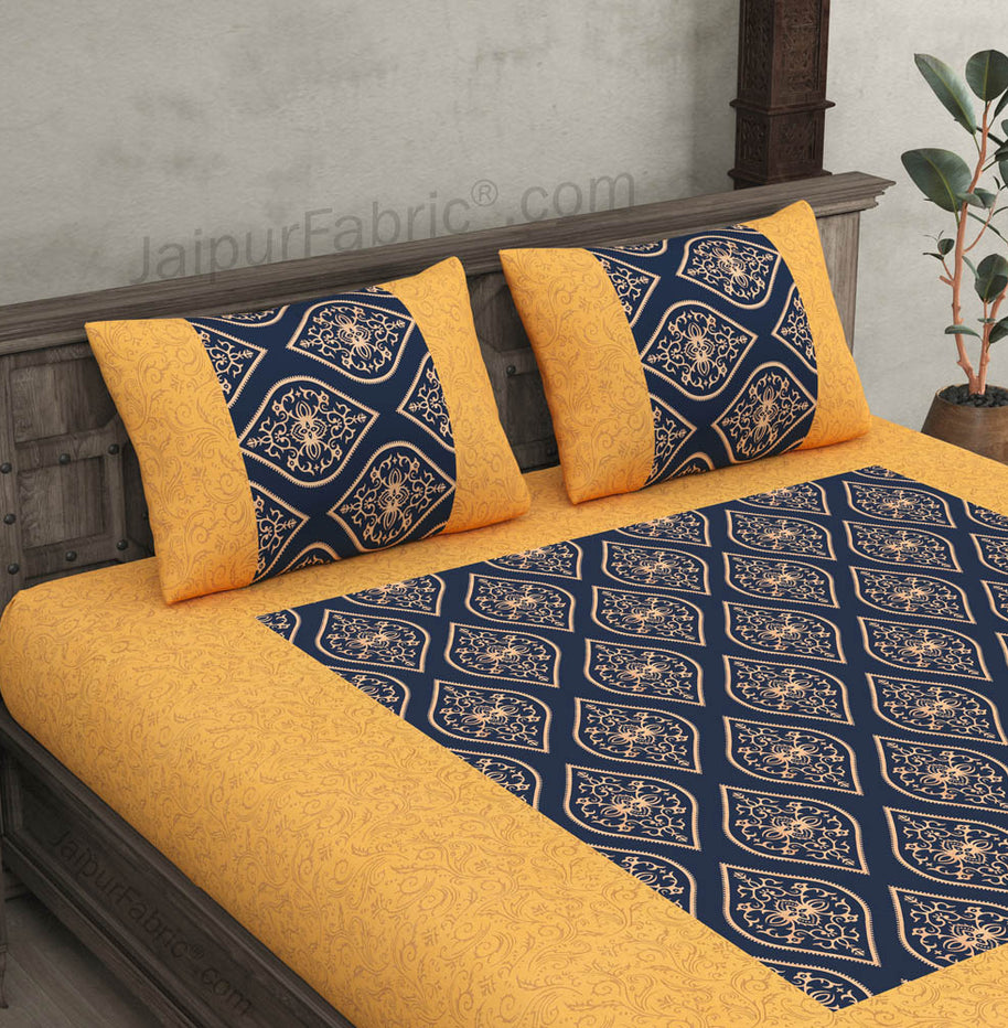 Patola Gold Navy Blue Jaal Festive Cotton BedSheet