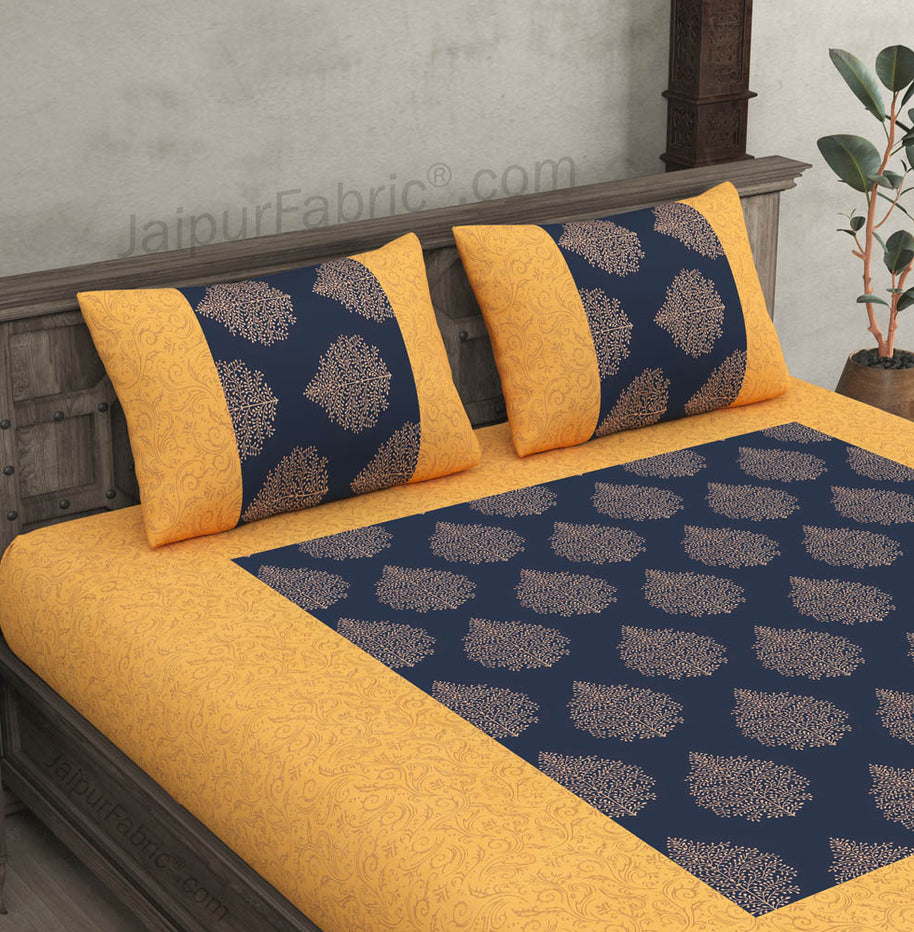 Patola Gold Navy Blue Paan Festive Cotton BedSheet