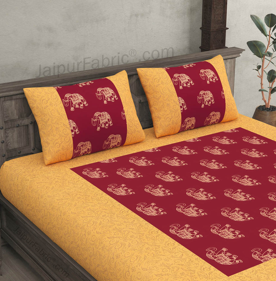 Patola Gold Royal Maroon Elephant Festive Cotton BedSheet