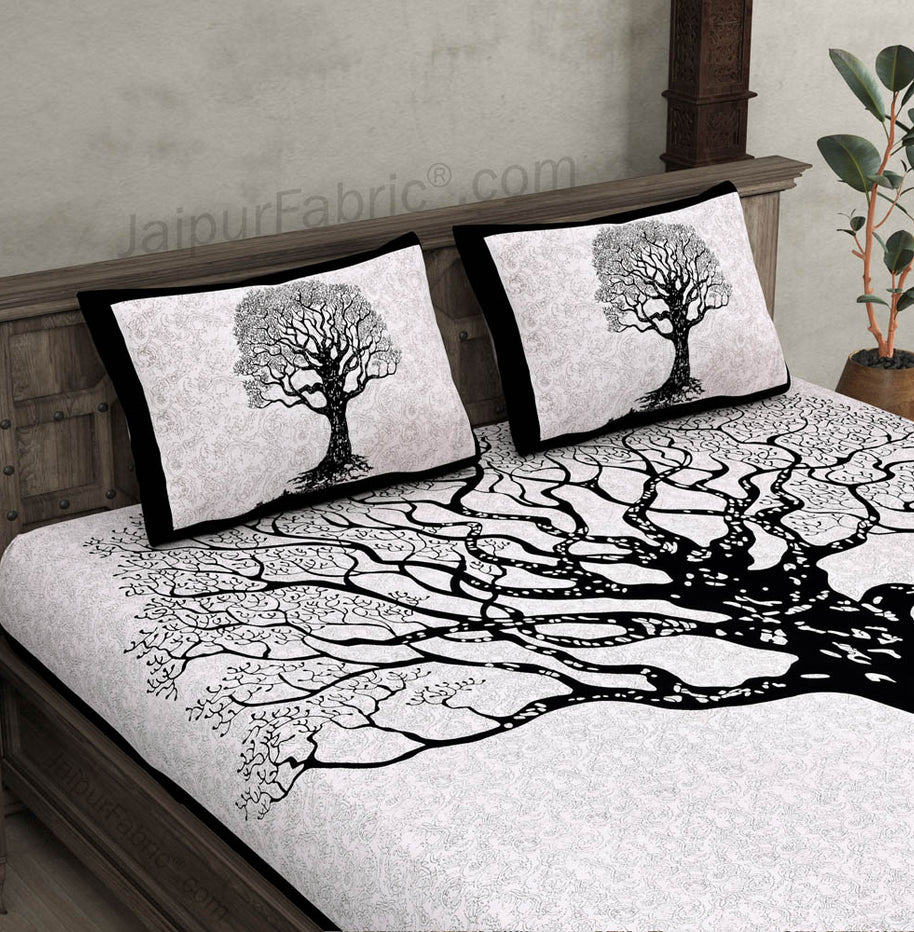 Black  Border Light Cream base Big Tree Pattern  Super Fine Cotton Double Bed Sheet