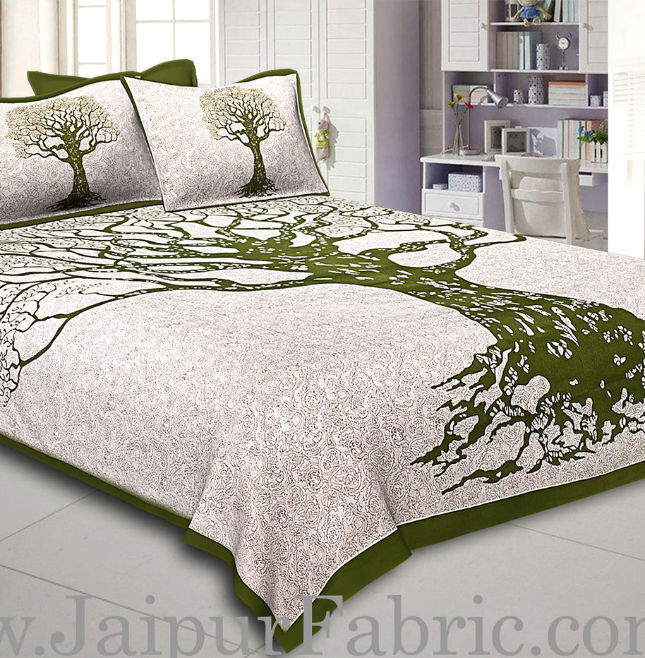 Green  Border Light Cream base Big Tree Pattern  Super Fine Cotton Double Bed Sheet