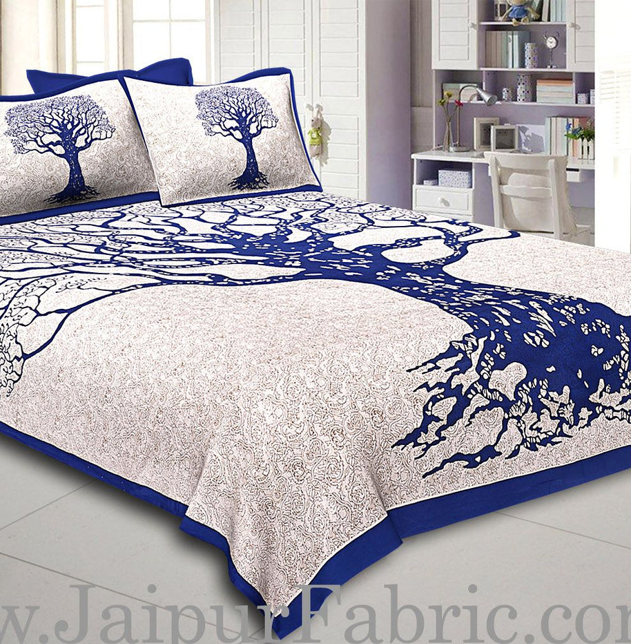 Blue  Border Light Cream base Big Tree Pattern  Super Fine Cotton Double Bed Sheet