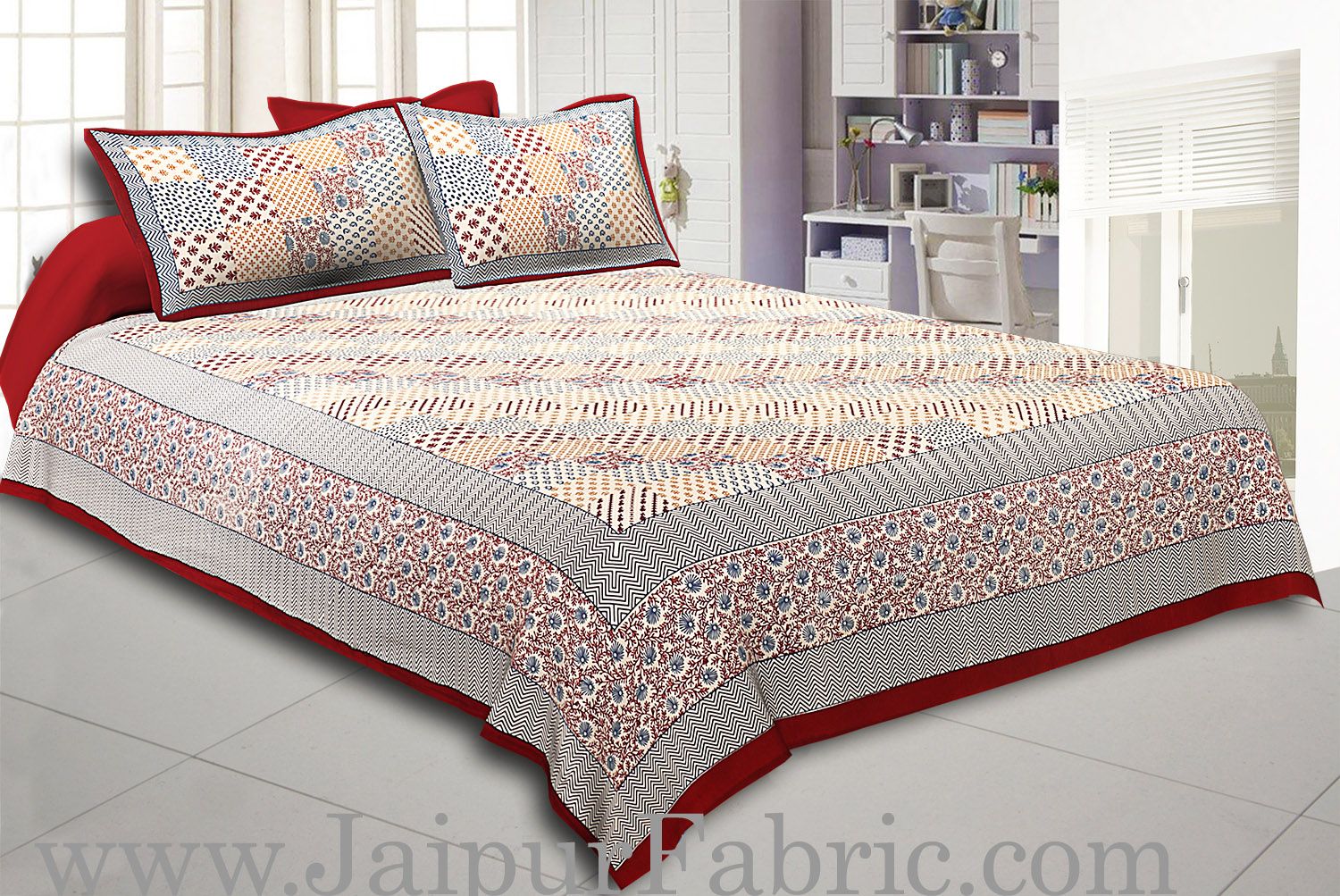 Maroon Border  With Multi Checkered Pattern Fine Cotton Double Bedsheet With Two Pillow Cover