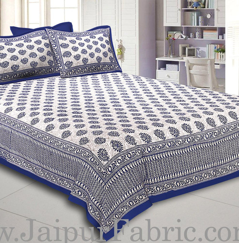 Blue Border  Cream Base Kerry Pattern Hand Block Print Super Fine Cotton Bed Sheet