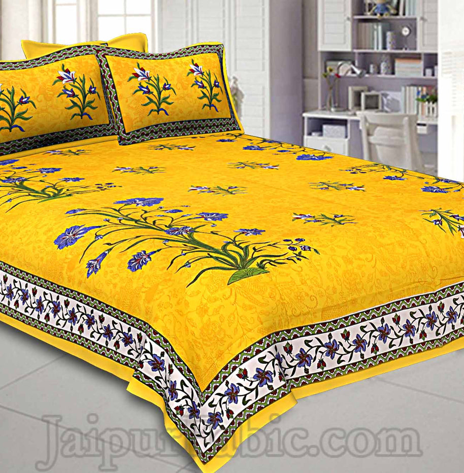 Yellow Border Tree Print Yellow Base Cotton Double  Bedsheet