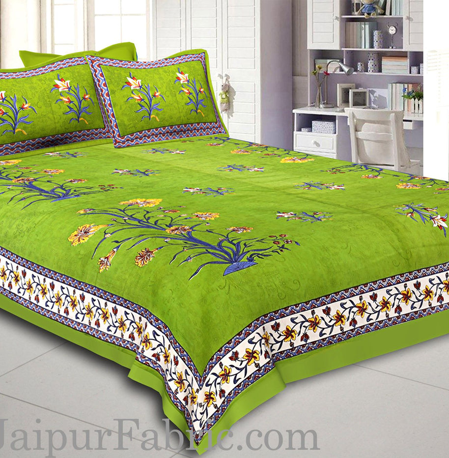 Green Border Tree Print Green Base Cotton Double  Bed Sheet