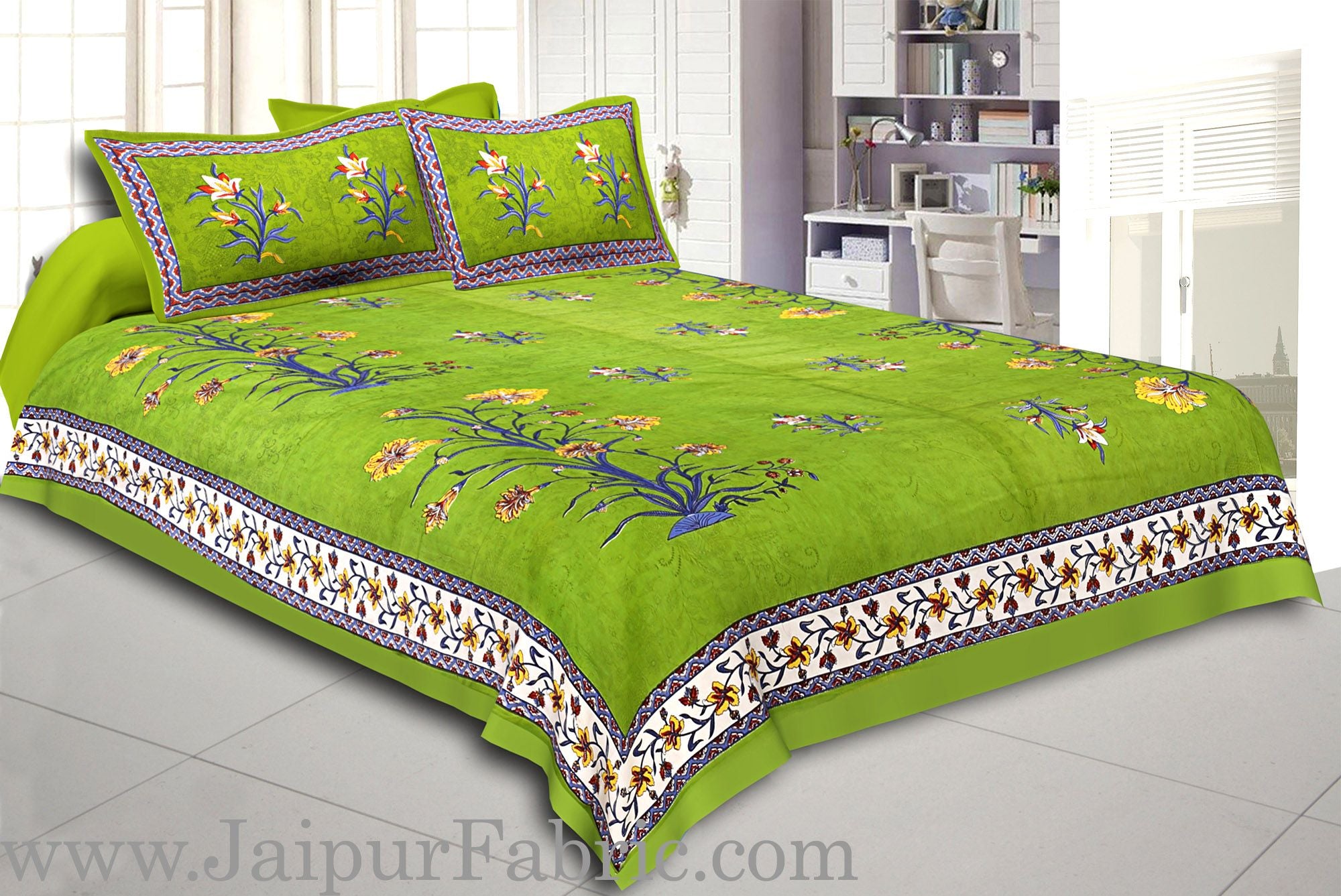 Green Border Tree Print Green Base Cotton Double  Bed Sheet