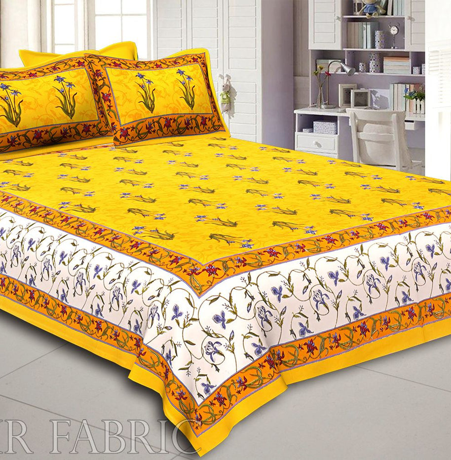 Yellow And Cream Border Yellow Base With  Small Mughal Print Cotton Double Bedsheet