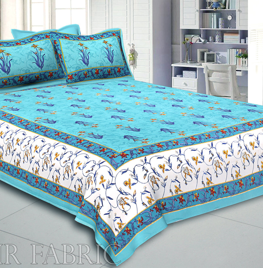 Sea Green And Cream Border With Sea Green Base With  Small Mughal Print Cotton Double Bedsheet