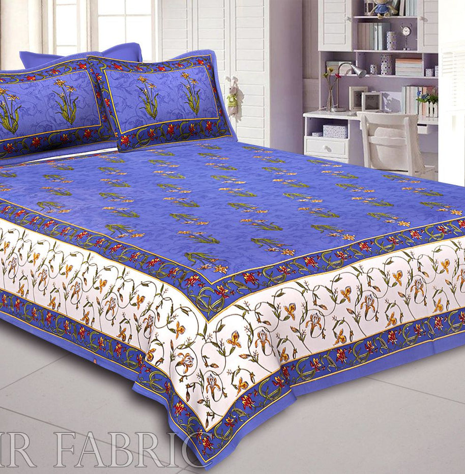 Blue And Cream Border With Blue Base With  Small Mughal Print Cotton Double Bedsheet