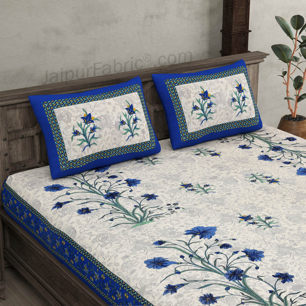 Blue Border Cream Base  Bud And Tree  Print Cotton Double  Bed Sheet