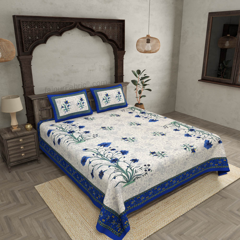 Blue Border Cream Base  Bud And Tree  Print Cotton Double  Bed Sheet