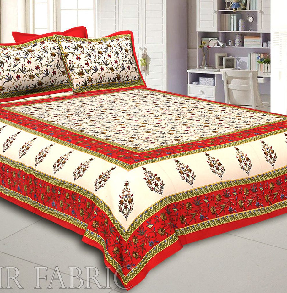 Red Border Cream Base Floral Print Cotton Double Bedsheet