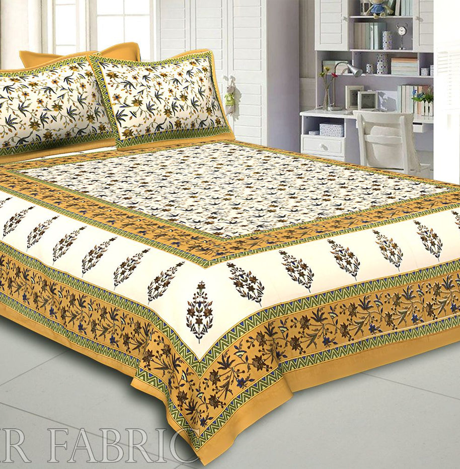 Brown Border Cream Base Floral Print Cotton Double Bedsheet