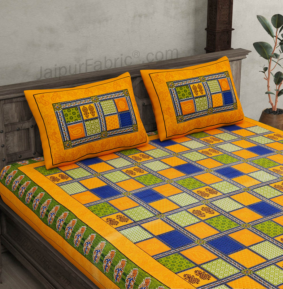 Yellow Border Multi Colour Checkered Super fine Coton Double Bedsheet