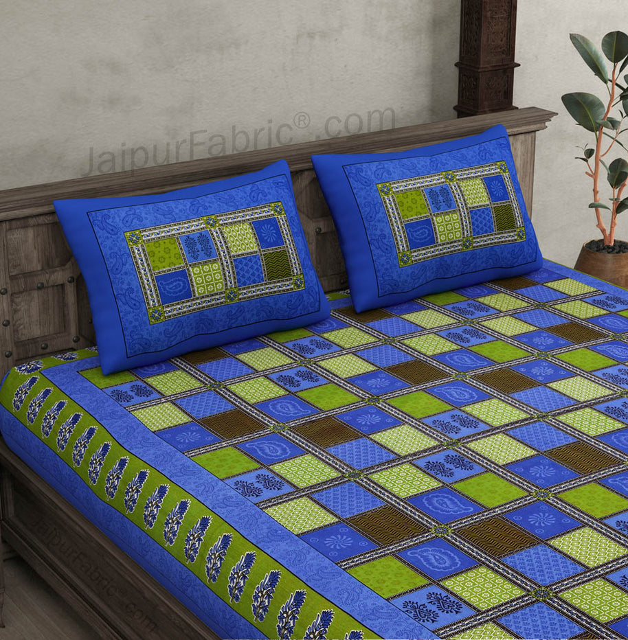 Blue  Border Multicolor Checkered Super fine Cotton Double Bedsheet