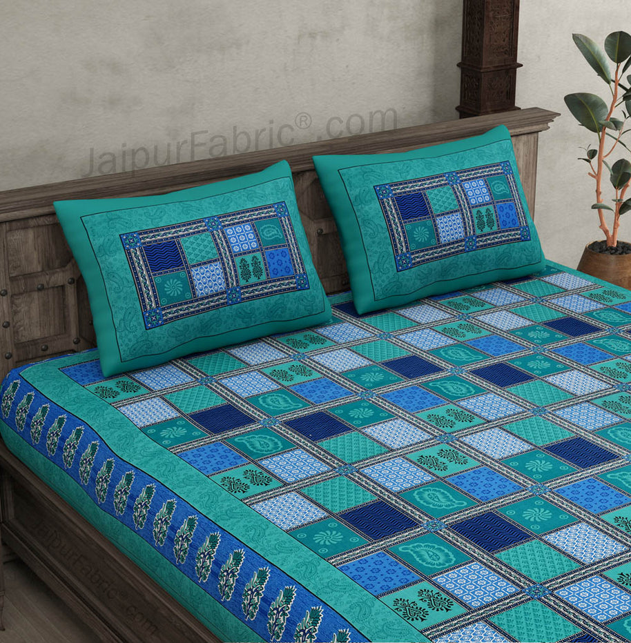 Sea Green  Border Multicolor Checkered Super fine Cotton Double Bedsheet