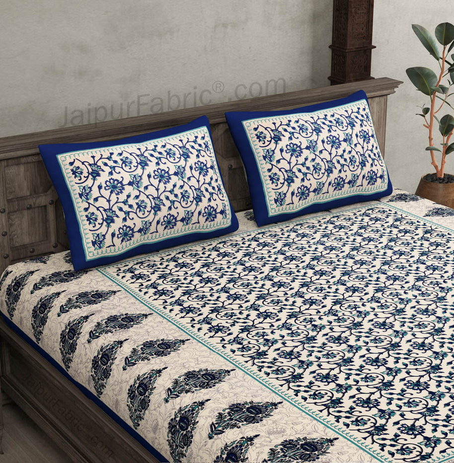 Blue Border Tropical keri Design Cotton Double Bed Sheet