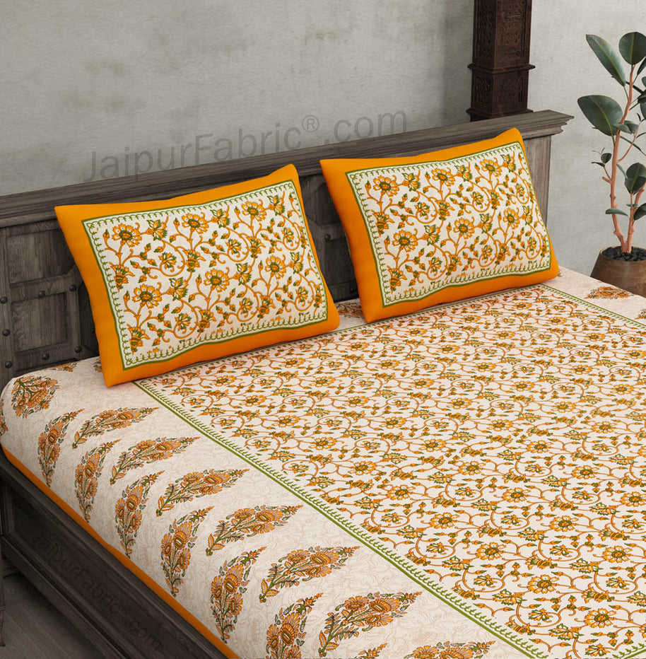 Yellow Border Tropical keri Design Cotton Double Bed Sheet