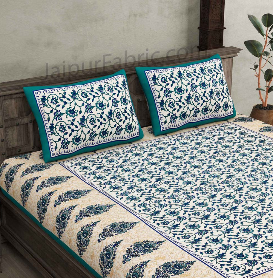 Sea Green  Border Tropical keri Design Cotton Double Bed Sheet