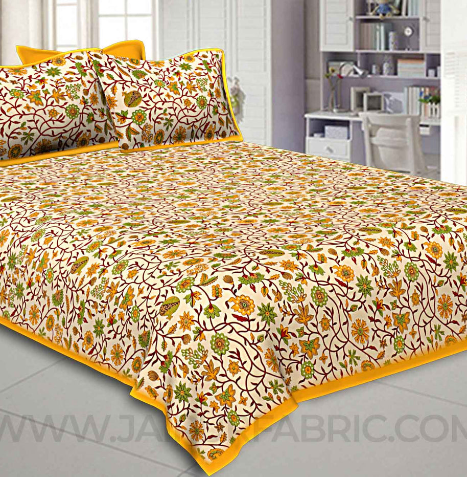 Double Bedsheet With Yellow Branch Of Pomegranate With Two Pillow Cover