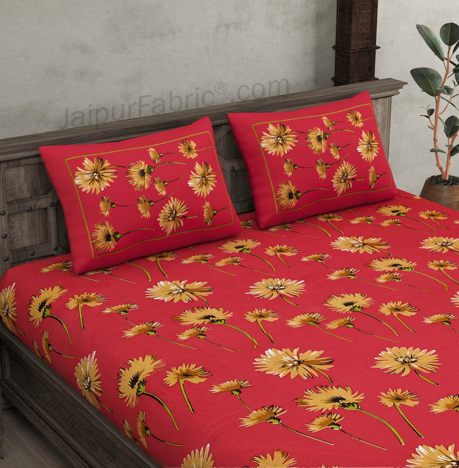 Sun Flower Double Bedsheet Red Color With 2 Pillow covers