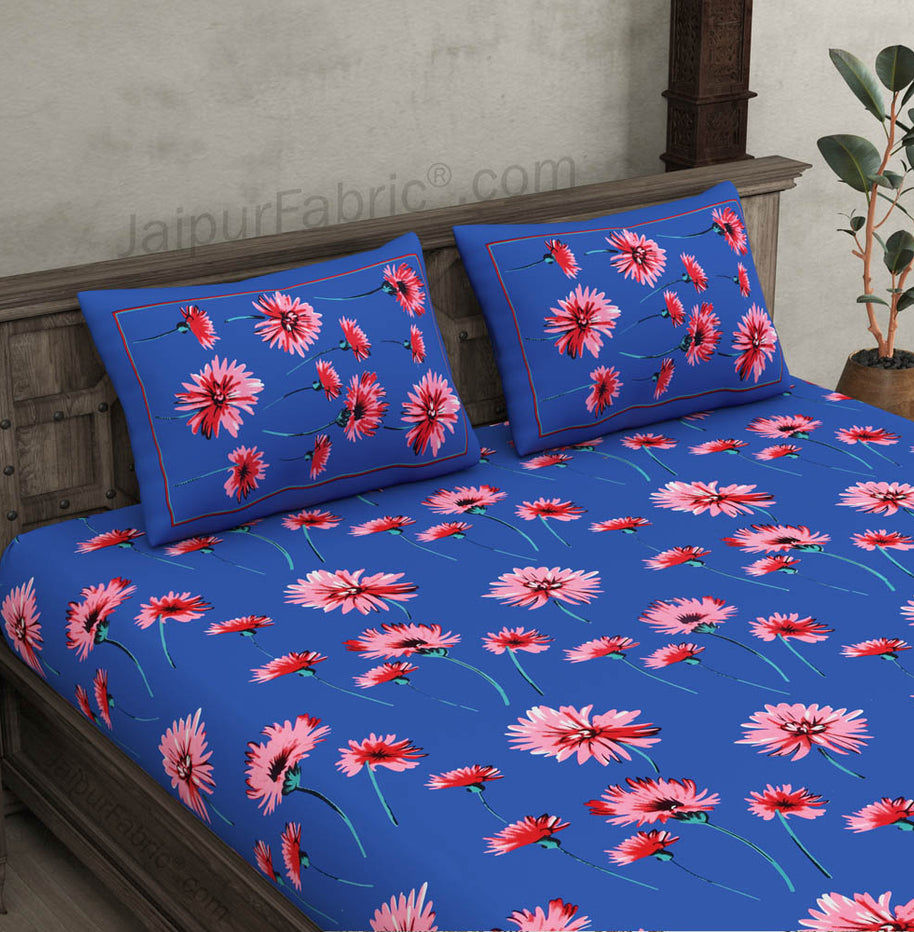 Sun Flower Double Bedsheet Blue Color With 2 Pillow covers