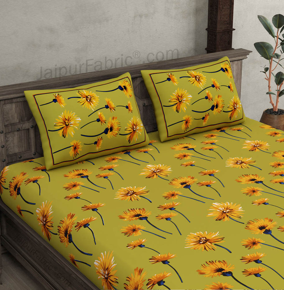 Sun Flower Double Bedsheet Green Color With 2 Pillow covers